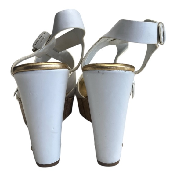 Audrey Brooke Abcecila Gold White Wedge Sandals With Criss-Cross Straps Size 7.5 - Picture 3 of 9